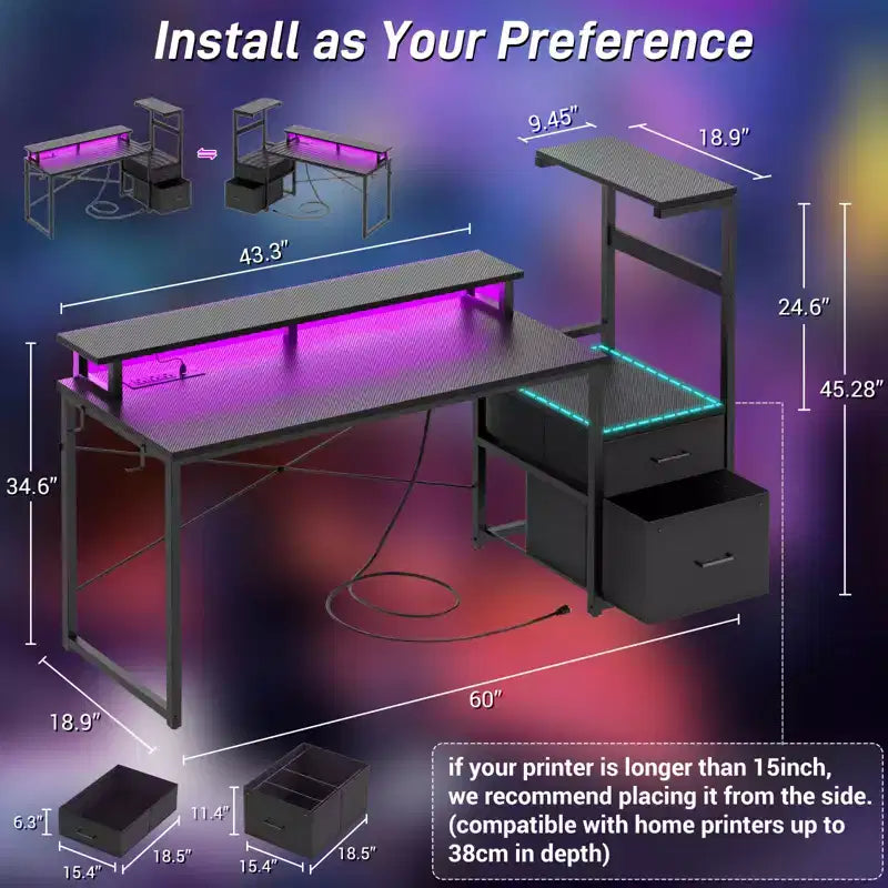 Bureau informatique de 60 pouces avec tiroirs en tissu et station de charge
