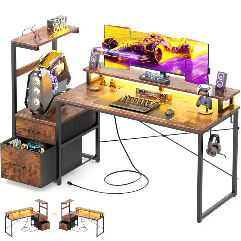 Bureau informatique de 60 pouces avec tiroirs en tissu et station de charge