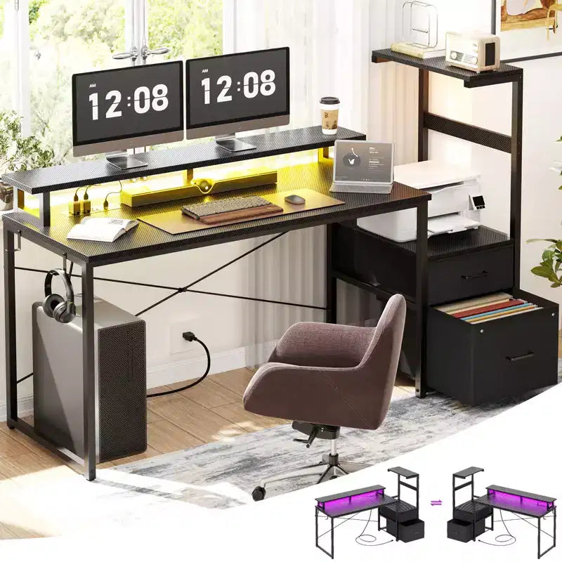 Besiost 60-In Computer Desk with Fabric Drawers and Charging Station
