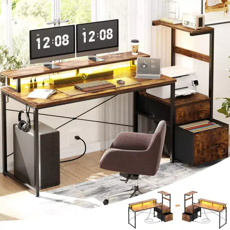 Bureau informatique de 60 pouces avec tiroirs en tissu et station de charge