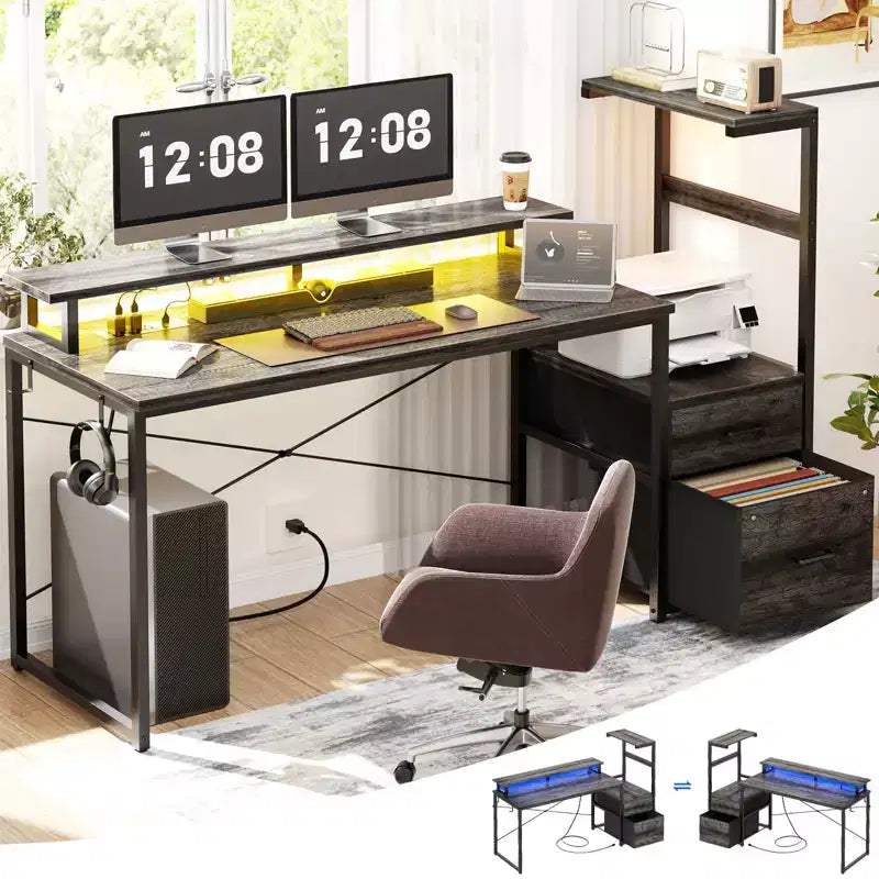 Bureau informatique de 60 pouces avec tiroirs en tissu et station de charge