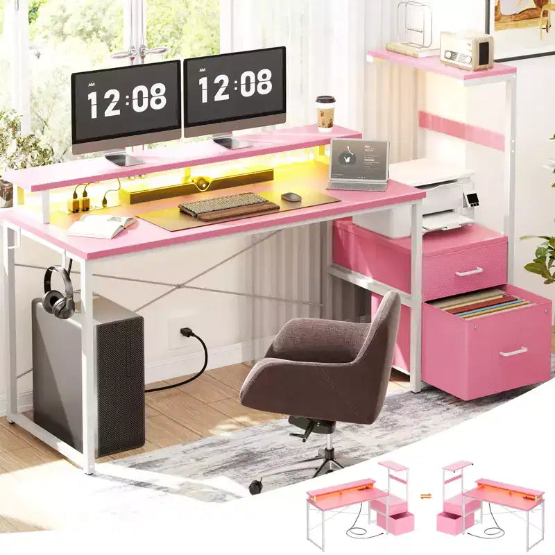 Bureau informatique de 60 pouces avec tiroirs en tissu et station de charge