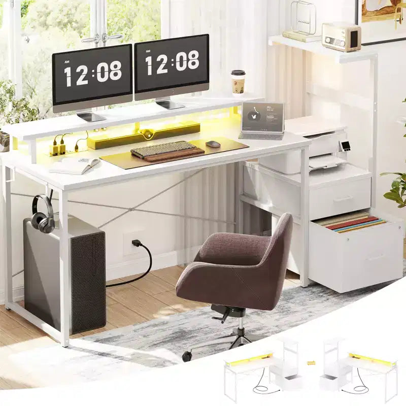 Bureau informatique de 60 pouces avec tiroirs en tissu et station de charge