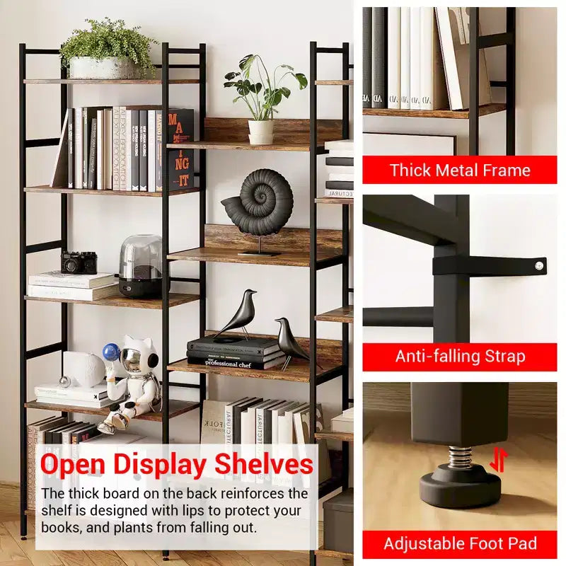 Étagère à cinq niveaux, meuble de rangement vintage avec étagères ouvertes et cadre en métal, idéale pour le salon ou le bureau à domicile
