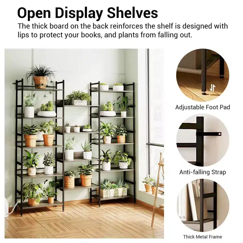 Étagère à cinq niveaux, meuble de rangement vintage avec étagères ouvertes et cadre en métal, idéale pour le salon ou le bureau à domicile