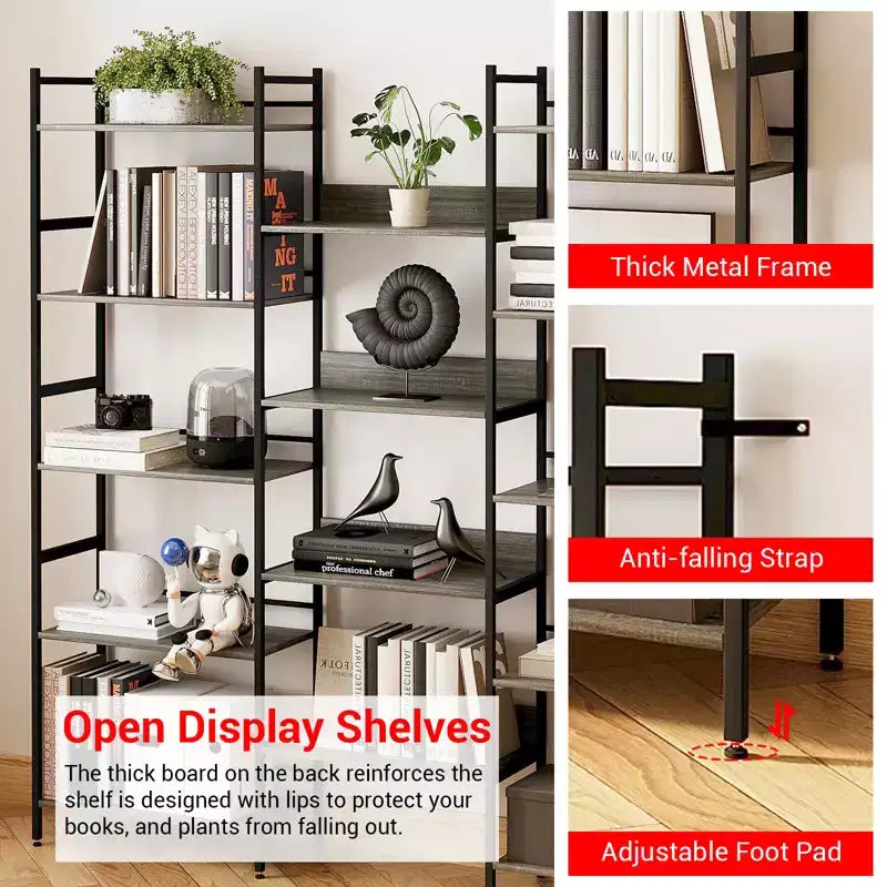 Étagère à cinq niveaux, meuble de rangement vintage avec étagères ouvertes et cadre en métal, idéale pour le salon ou le bureau à domicile
