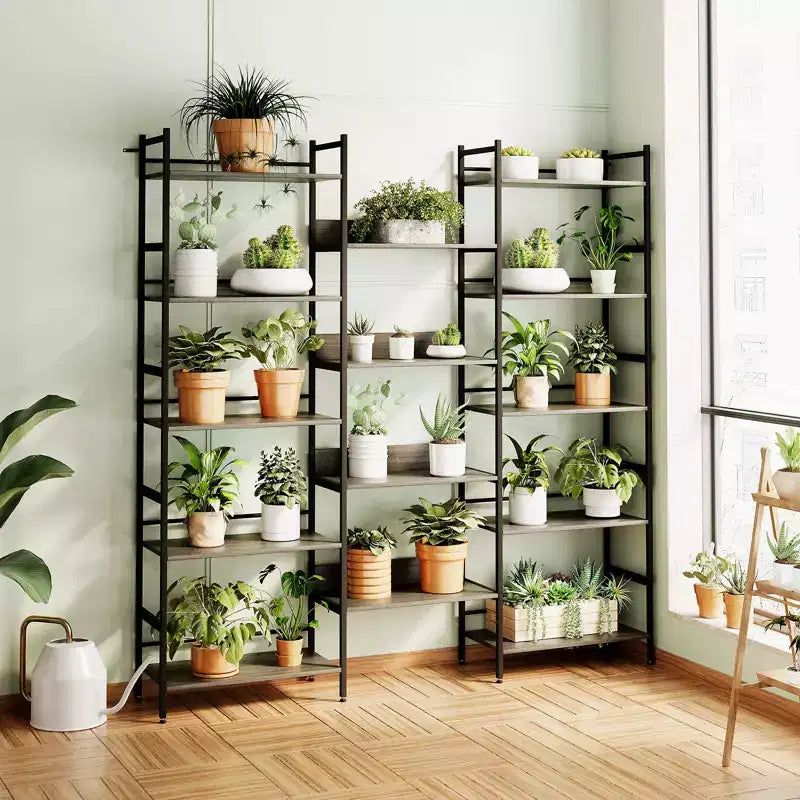 Five-tier bookshelf, vintage storage rack with open shelves and metal frame, suitable for living room, home office