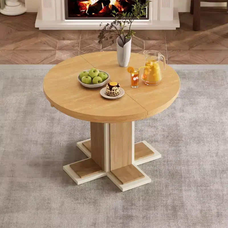 Table à manger rétro extensible de 58 pouces avec une rallonge centrale de 16 pouces, table de cuisine pour 6 personnes, table ronde pour cuisine, salle à manger, naturel