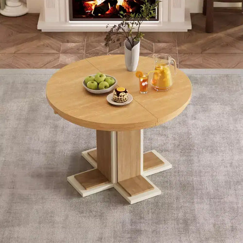 Table à manger rétro extensible de 58 pouces avec une rallonge centrale de 16 pouces, table de cuisine pour 6 personnes, table ronde pour cuisine, salle à manger, naturel