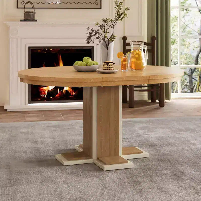 Table à manger rétro extensible de 58 pouces avec une rallonge centrale de 16 pouces, table de cuisine pour 6 personnes, table ronde pour cuisine, salle à manger, naturel
