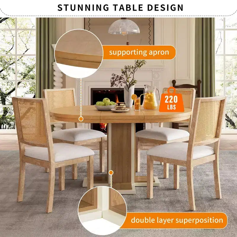 Table à manger rétro extensible de 58 pouces avec une rallonge centrale de 16 pouces, table de cuisine pour 6 personnes, table ronde pour cuisine, salle à manger, naturel