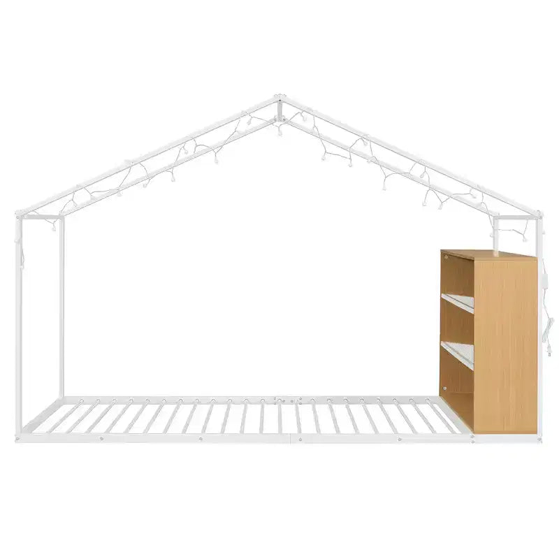 Lit cabane en métal pleine grandeur avec étagères intégrées et éclairage LED féerique, pour un meilleur environnement de sommeil