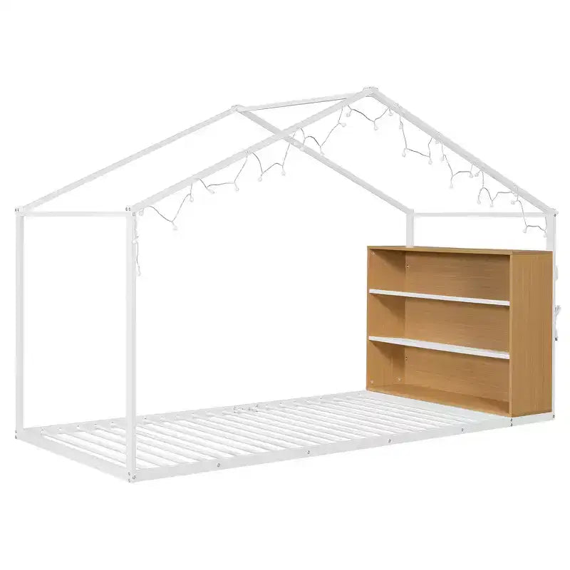 Lit cabane en métal pleine grandeur avec étagères intégrées et éclairage LED féerique, pour un meilleur environnement de sommeil