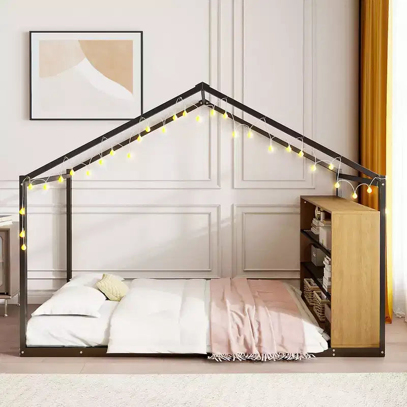 Lit cabane en métal pleine grandeur avec étagères intégrées et éclairage LED féerique, pour un meilleur environnement de sommeil