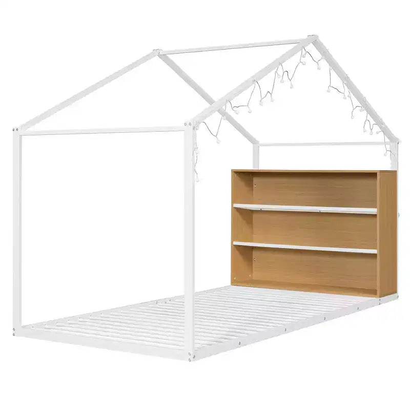 Lit cabane en métal pleine grandeur avec étagères intégrées et éclairage LED féerique, pour un meilleur environnement de sommeil