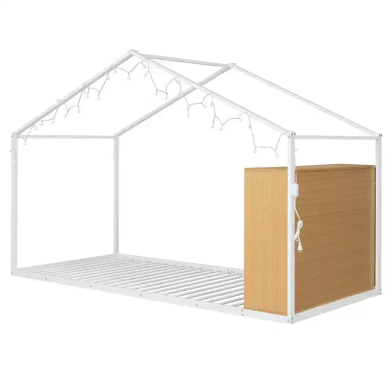 Lit cabane en métal pleine grandeur avec étagères intégrées et éclairage LED féerique, pour un meilleur environnement de sommeil
