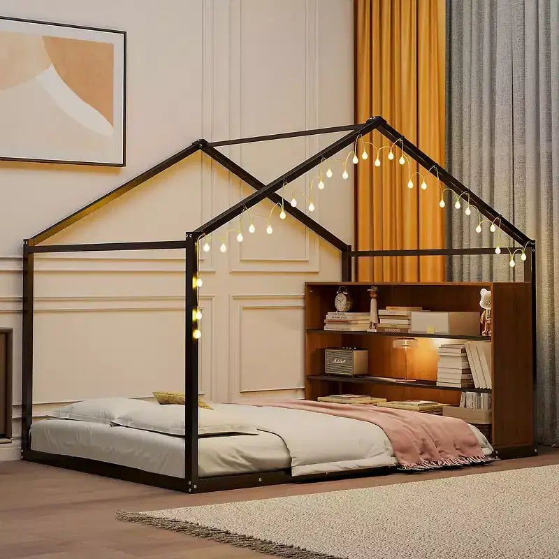 Lit cabane en métal pleine grandeur avec étagères intégrées et éclairage LED féerique, pour un meilleur environnement de sommeil