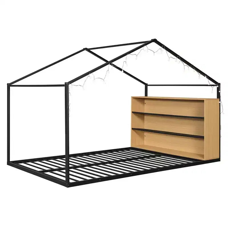 Lit cabane en métal pleine grandeur avec étagères intégrées et éclairage LED féerique, pour un meilleur environnement de sommeil