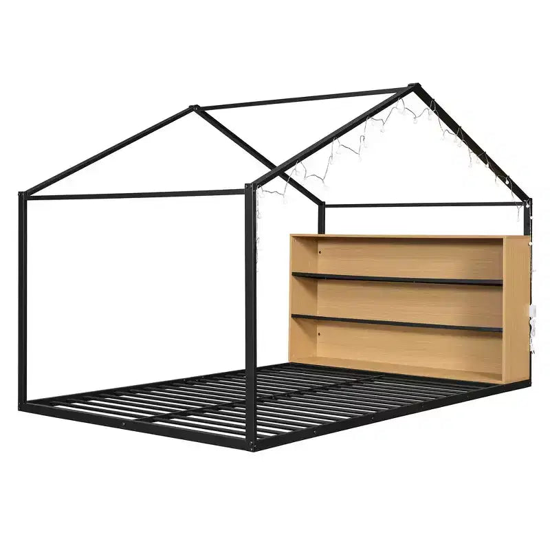 Lit cabane en métal pleine grandeur avec étagères intégrées et éclairage LED féerique, pour un meilleur environnement de sommeil
