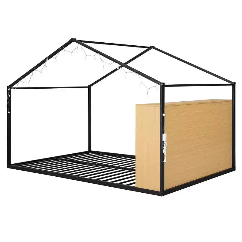 Lit cabane en métal pleine grandeur avec étagères intégrées et éclairage LED féerique, pour un meilleur environnement de sommeil