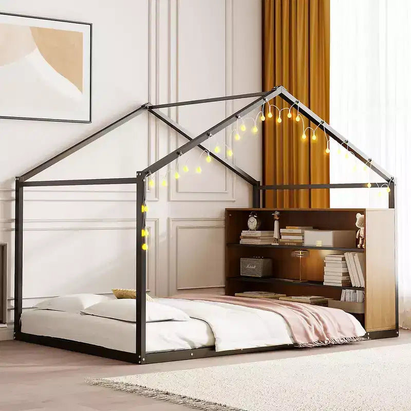 Whisen Full Size Metal House Bed with Built-In Shelves and Dreamy LED Lighting , A Better Sleeping Environment