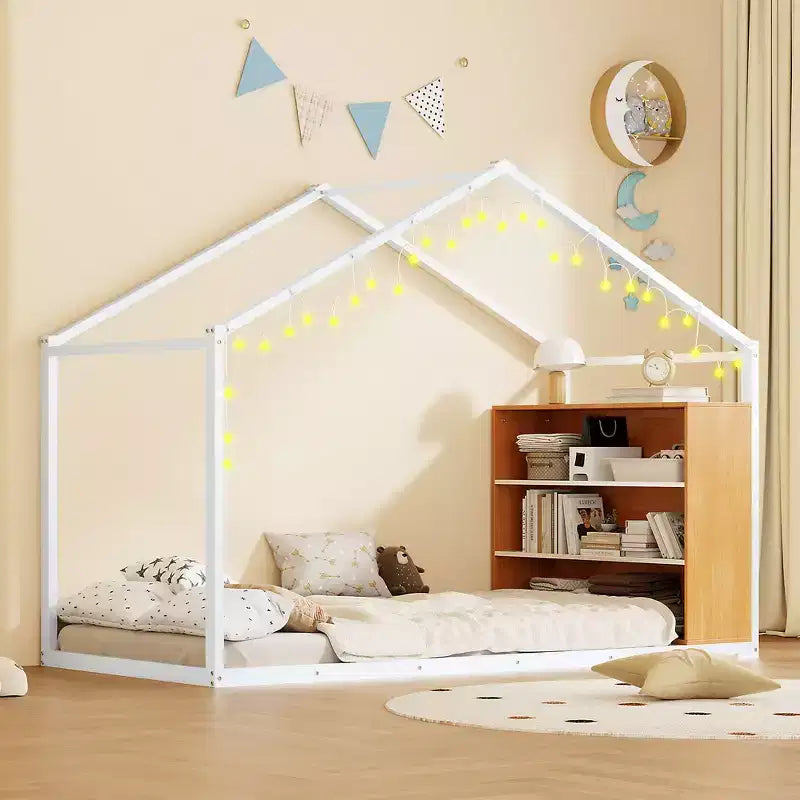 Lit cabane en métal pleine grandeur avec étagères intégrées et éclairage LED féerique, pour un meilleur environnement de sommeil
