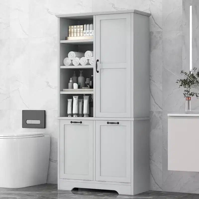 Meuble de rangement de salle de bain avec portes et tiroirs, panier à linge inclinable, plusieurs espaces de rangement, style autoportant