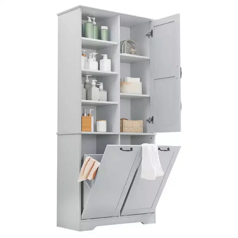 Meuble de rangement de salle de bain avec portes et tiroirs, panier à linge inclinable, plusieurs espaces de rangement, style autoportant