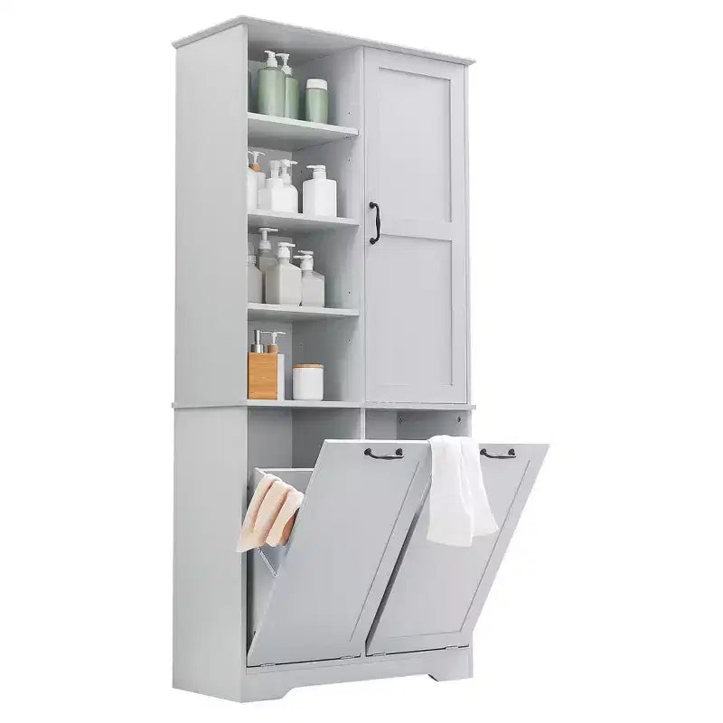Meuble de rangement de salle de bain avec portes et tiroirs, panier à linge inclinable, plusieurs espaces de rangement, style autoportant