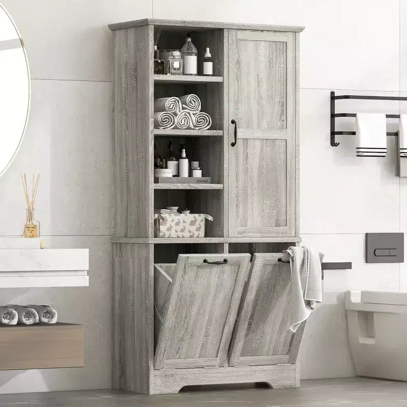 Meuble de rangement de salle de bain avec portes et tiroirs, panier à linge inclinable, plusieurs espaces de rangement, style autoportant