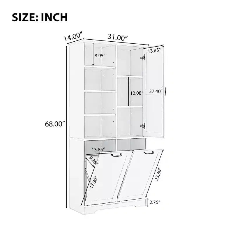 Meuble de rangement de salle de bain avec portes et tiroirs, panier à linge inclinable, plusieurs espaces de rangement, style autoportant