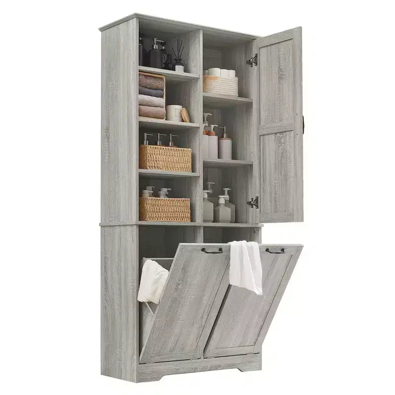 Meuble de rangement de salle de bain avec portes et tiroirs, panier à linge inclinable, plusieurs espaces de rangement, style autoportant
