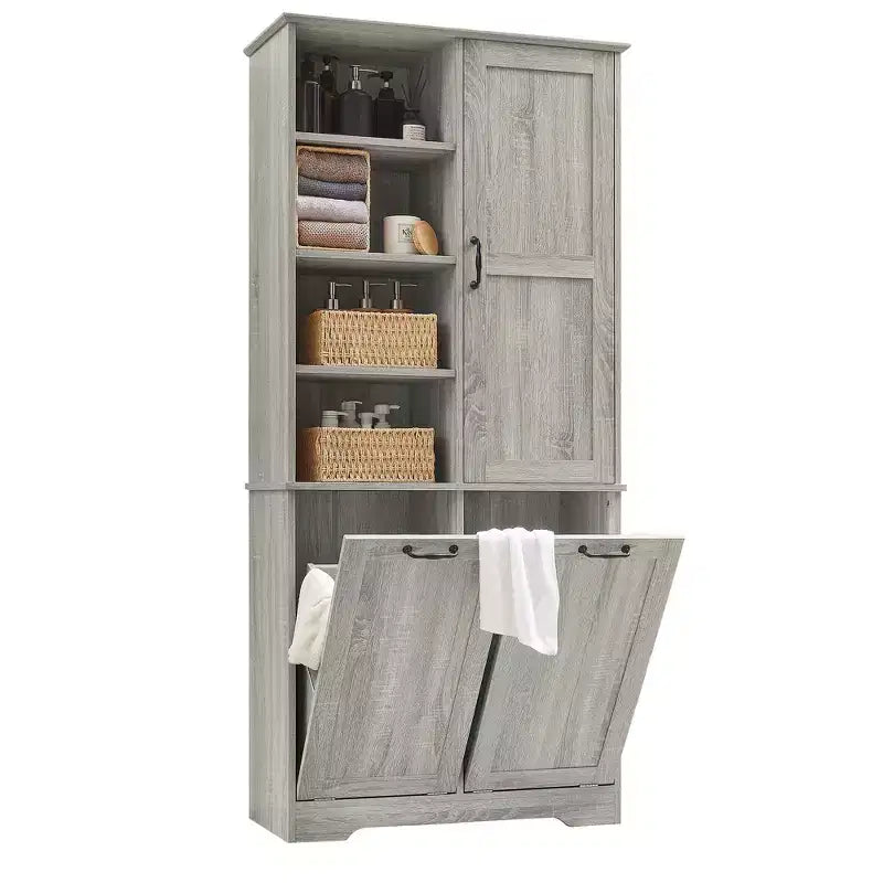 Meuble de rangement de salle de bain avec portes et tiroirs, panier à linge inclinable, plusieurs espaces de rangement, style autoportant