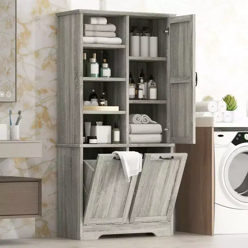 Meuble de rangement de salle de bain avec portes et tiroirs, panier à linge inclinable, plusieurs espaces de rangement, style autoportant