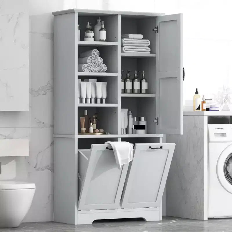 Bathroom Storage Cabinet with Doors and Drawers Tilt-Out Laundry Hamper Multiple Storage Space Freestanding Style