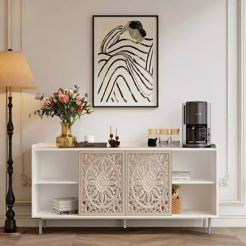 Handmade Distressed Accent Cabinet, Fir Wood Frame with Carved Detailing, Multipurpose Console Table, Sideboard & Storage Cabinet for Living Room