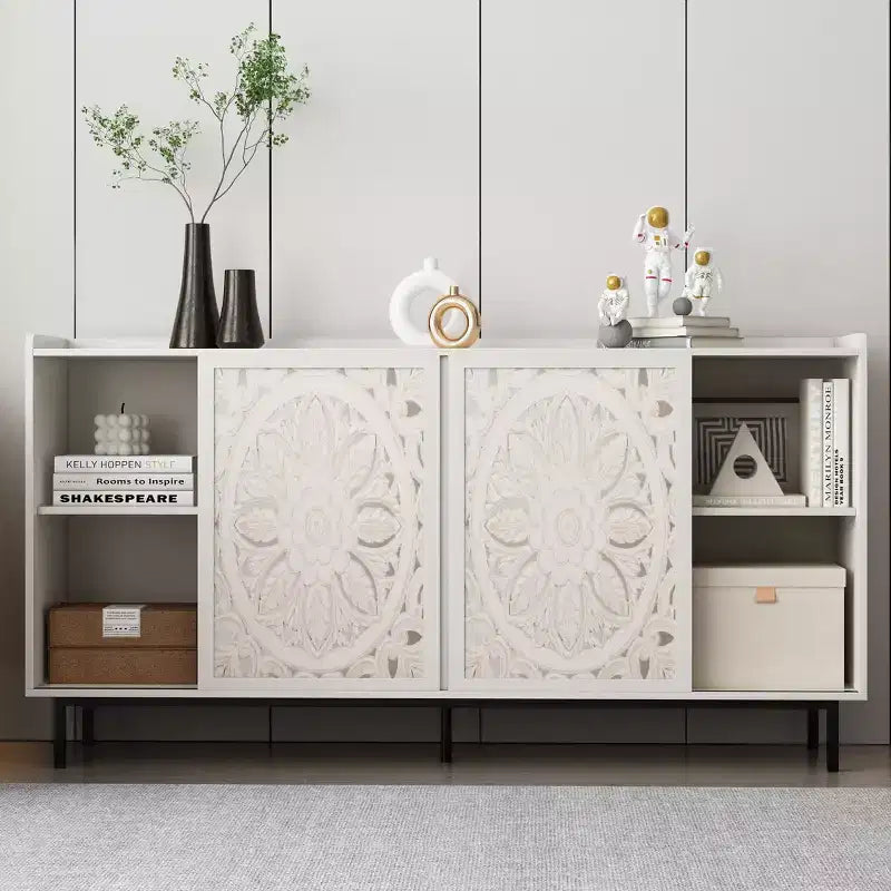 Meuble d'appoint vieilli fait à la main, cadre en bois de sapin avec détails sculptés, console polyvalente, buffet et meuble de rangement pour salon