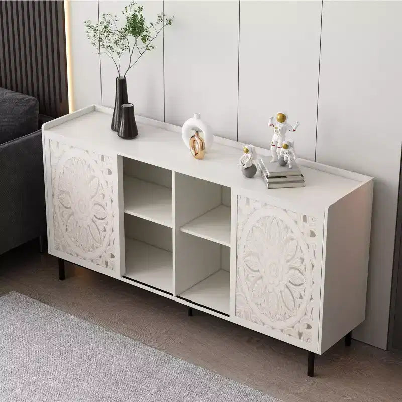 Meuble d'appoint vieilli fait à la main, cadre en bois de sapin avec détails sculptés, console polyvalente, buffet et meuble de rangement pour salon