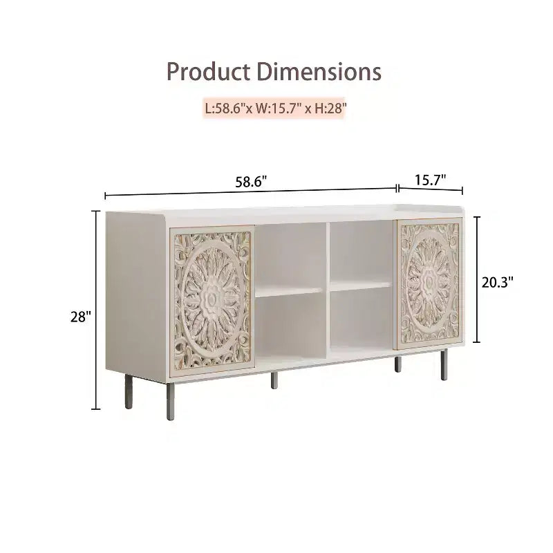 Meuble d'appoint vieilli fait à la main, cadre en bois de sapin avec détails sculptés, console polyvalente, buffet et meuble de rangement pour salon