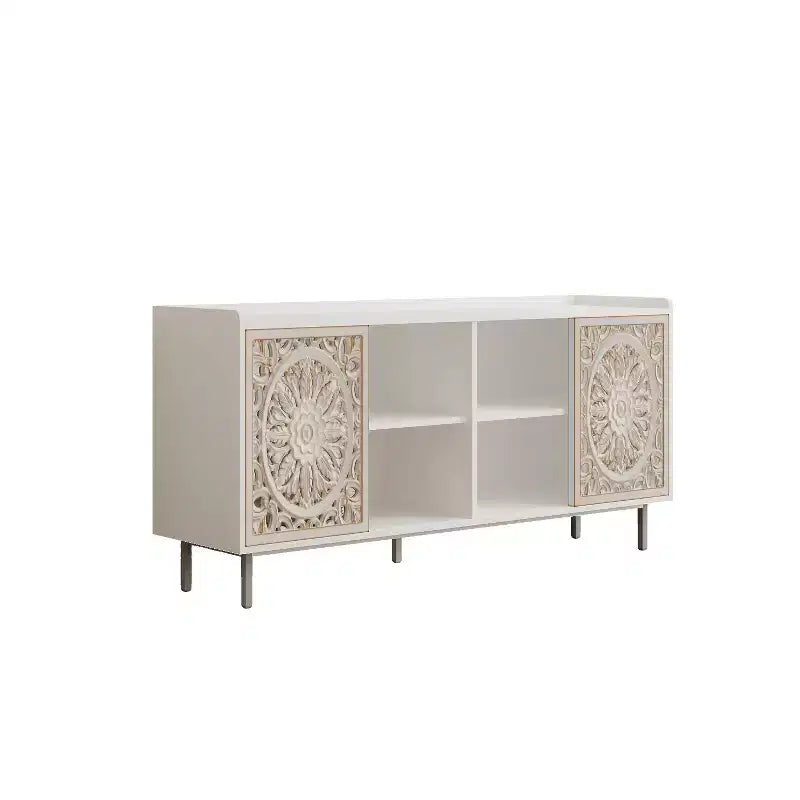 Meuble d'appoint vieilli fait à la main, cadre en bois de sapin avec détails sculptés, console polyvalente, buffet et meuble de rangement pour salon