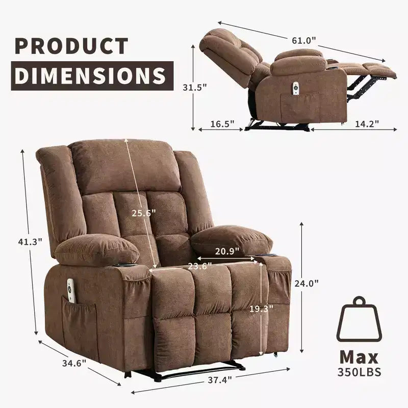 Fauteuil inclinable manuel surdimensionné, canapé simple surdimensionné et élargi, 3 positions, 2 poches latérales et 2 porte-gobelets, pour salon