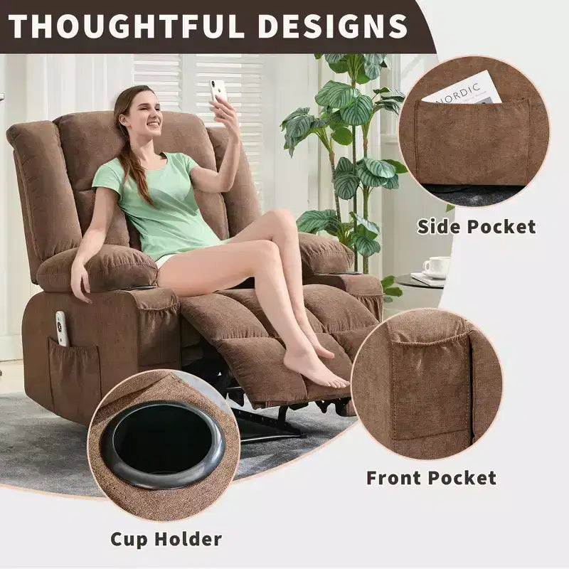 Fauteuil inclinable manuel surdimensionné, canapé simple surdimensionné et élargi, 3 positions, 2 poches latérales et 2 porte-gobelets, pour salon