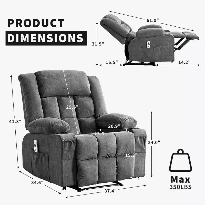Fauteuil inclinable manuel surdimensionné, canapé simple surdimensionné et élargi, 3 positions, 2 poches latérales et 2 porte-gobelets, pour salon