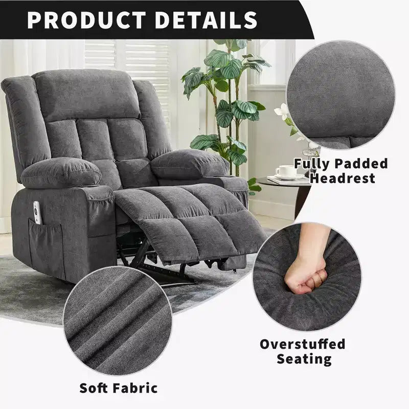 Fauteuil inclinable manuel surdimensionné, canapé simple surdimensionné et élargi, 3 positions, 2 poches latérales et 2 porte-gobelets, pour salon