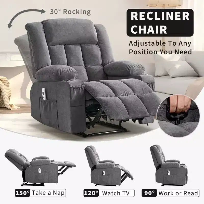 Fauteuil inclinable manuel surdimensionné, canapé simple surdimensionné et élargi, 3 positions, 2 poches latérales et 2 porte-gobelets, pour salon