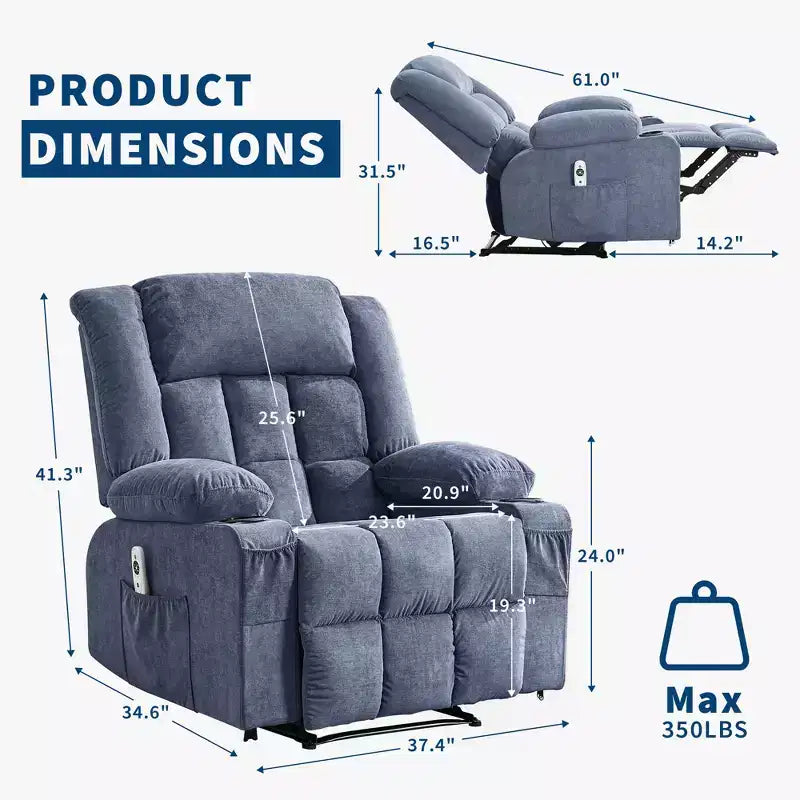 Fauteuil inclinable manuel surdimensionné, canapé simple surdimensionné et élargi, 3 positions, 2 poches latérales et 2 porte-gobelets, pour salon