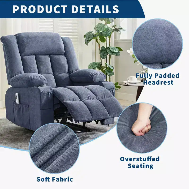 Fauteuil inclinable manuel surdimensionné, canapé simple surdimensionné et élargi, 3 positions, 2 poches latérales et 2 porte-gobelets, pour salon