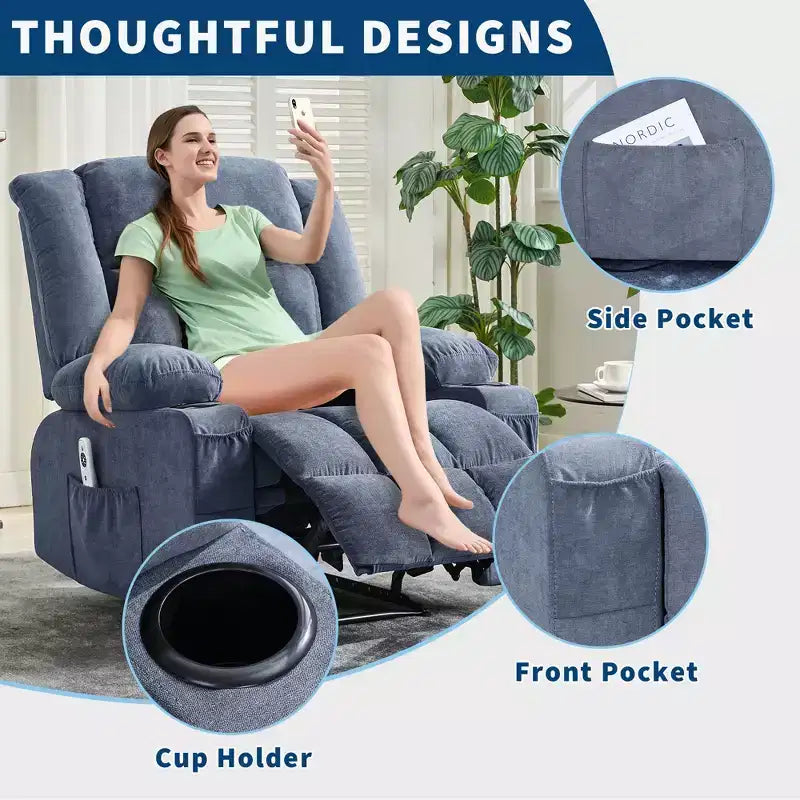 Fauteuil inclinable manuel surdimensionné, canapé simple surdimensionné et élargi, 3 positions, 2 poches latérales et 2 porte-gobelets, pour salon