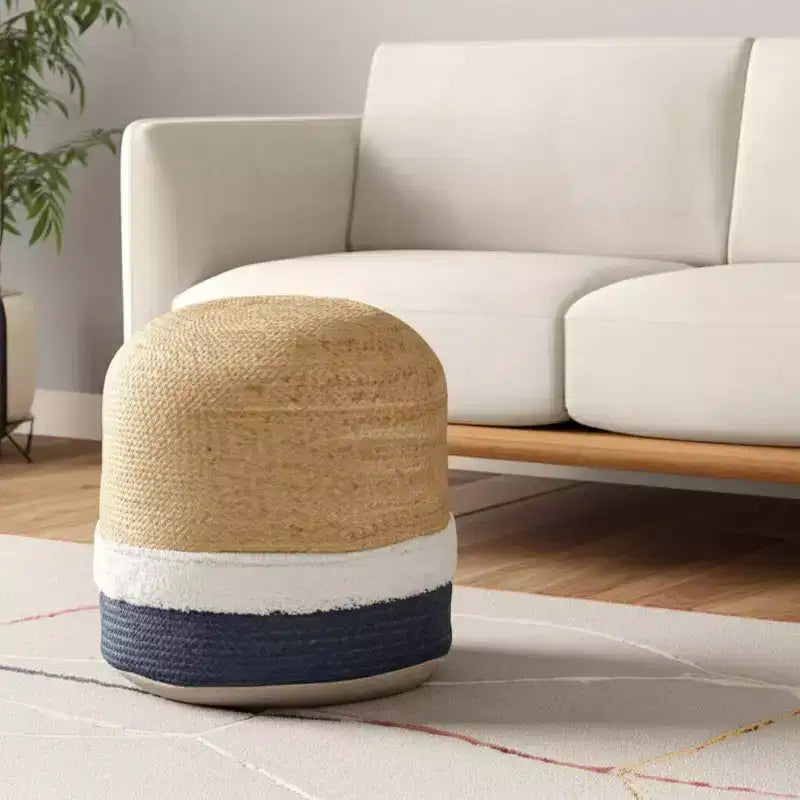 Pouf cylindrique ottoman en mélange de jute rayé naturel et bleu marine, 18 po