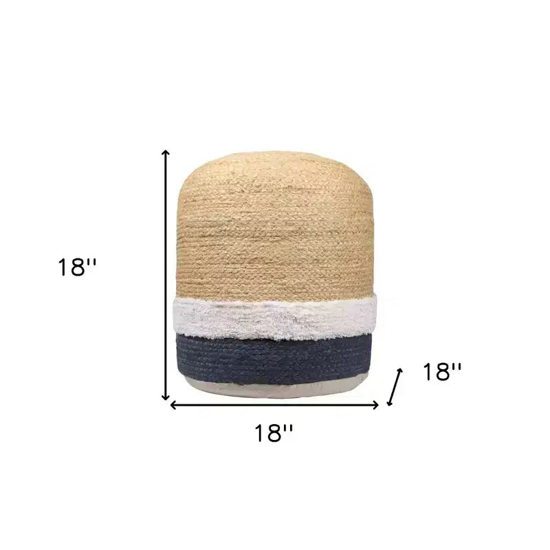 Pouf cylindrique ottoman en mélange de jute rayé naturel et bleu marine, 18 po
